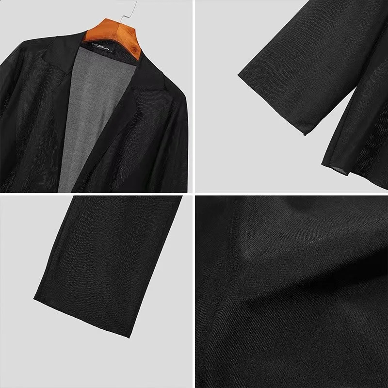 Mens Thin Solid Color Sexy suits Deep V-Lace Long Sleeved Cardigan Shirt Perspective Pants Fashion Clothing Male Two Piece Set 240819