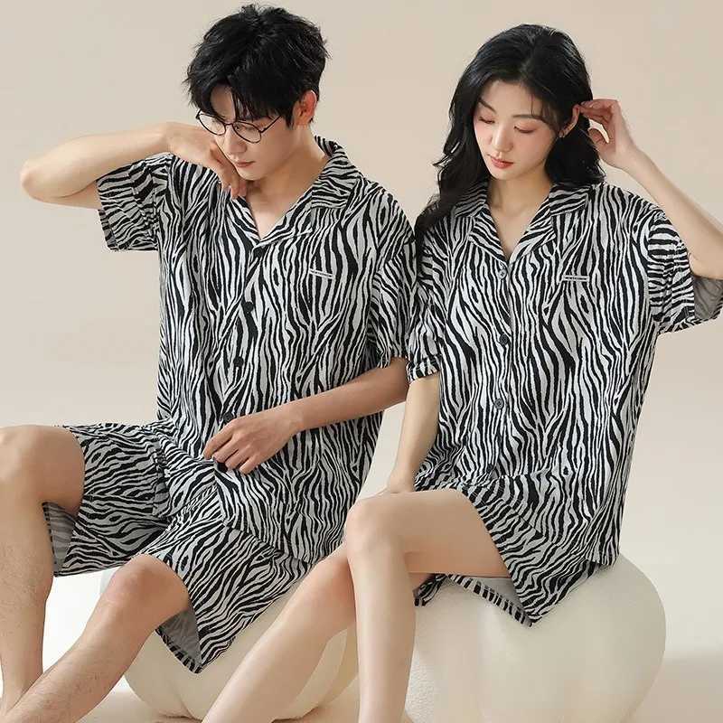 Summer short sleeved Korean style cardigan two-piece set casual V-neck couple pajamas womens pajamas mens pajamasW240719