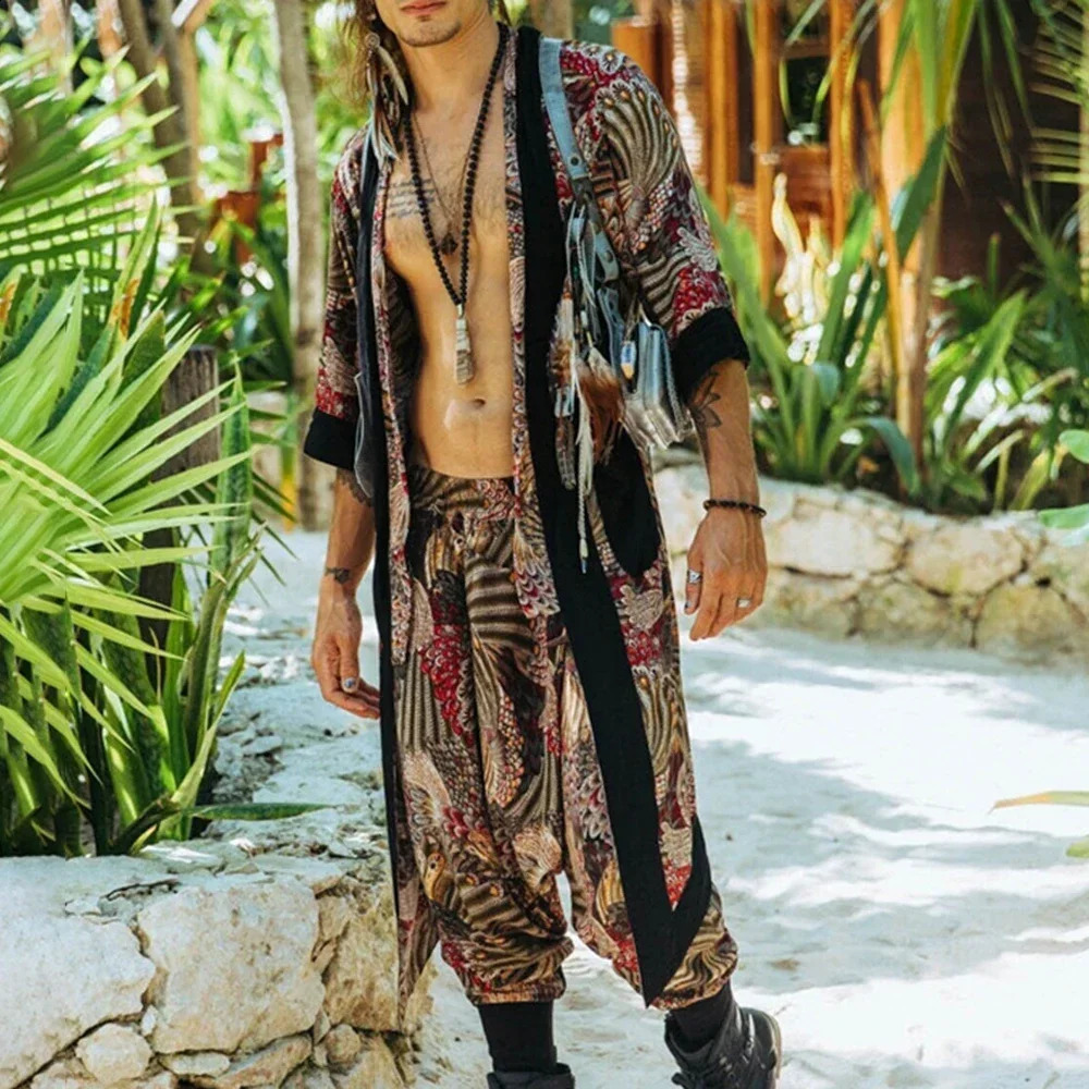 Mens Two-Piece Set 2024 Spring Summer Fashion Retro Casual Vacation Short-Sleeved Long Cardigan Leggings Printed Casual Suit 240819