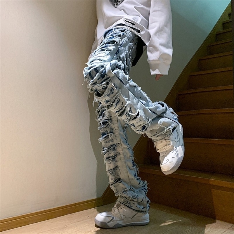 American high street erosion destroys raw edge Y2K retro jeans mens trendy straight tube slim flared pants foreign trade 240819