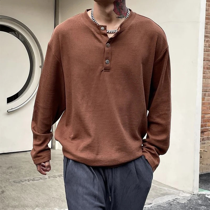 Autumn Winter Pleated Texture Long Sleeve Men T Shirt Buttons Fashion Casual Business Keep Warm 2xl Oversized Pullover Top White 240820