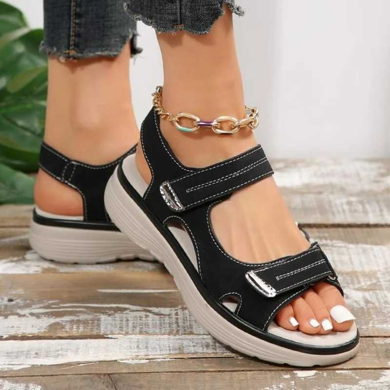 Women Designer Hook Loop Sandals Summer New Woman Leather Pu Light Leisure Wedge Platform Shoes Girls Outside Anti-slide Shoes CL240806