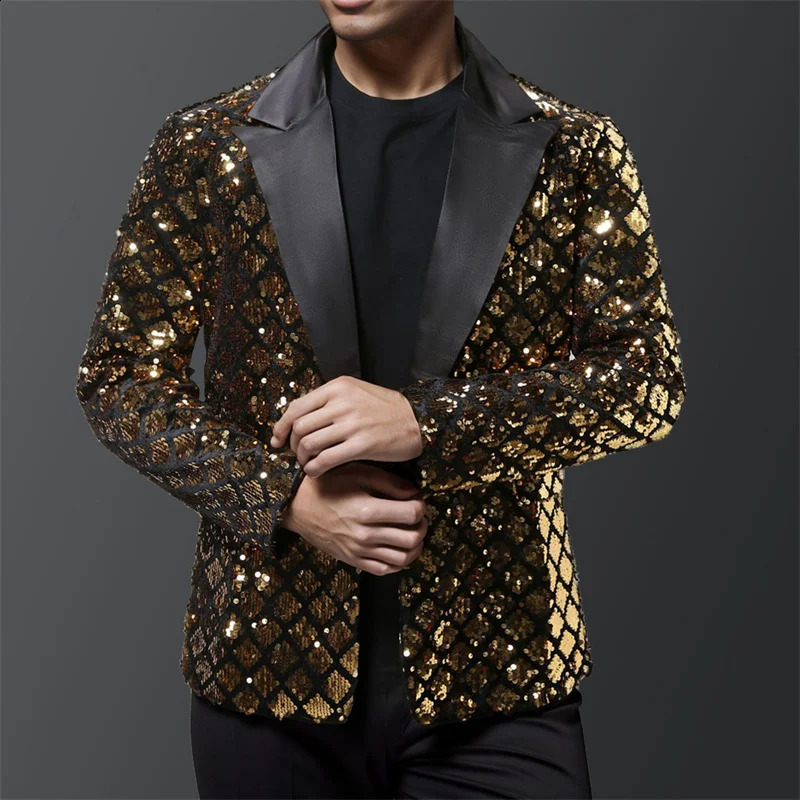 Fashionable mens y sequin checkered suit jacket goldsilver singer host stage party loose dress 240819
