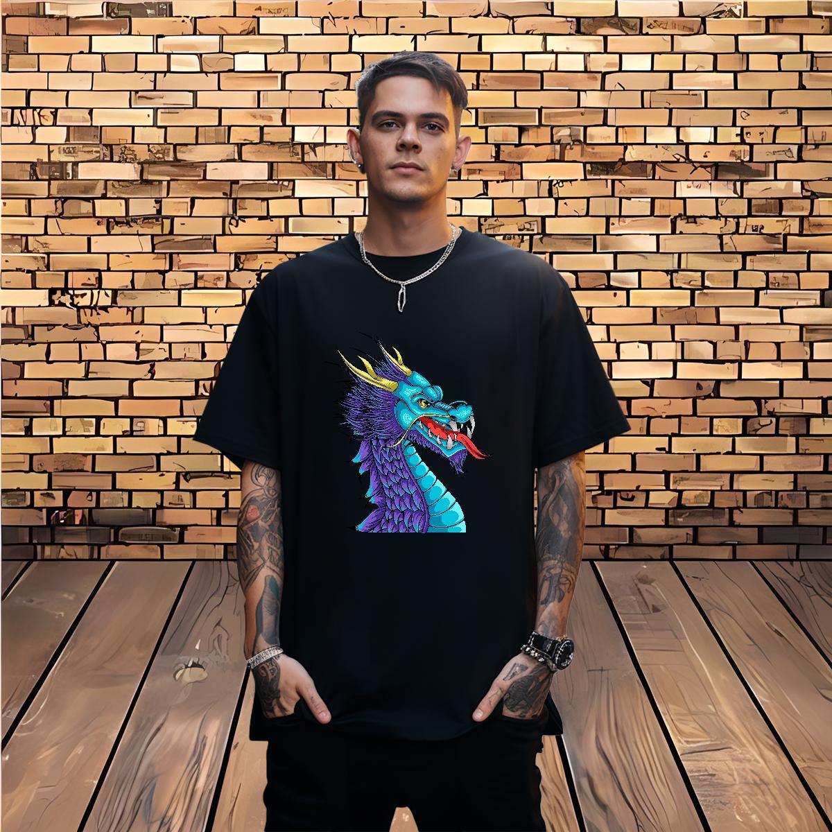 T Shirts Men 100% Cotton 230g dragon Anime Printing Street Short Sleeve O-Neck DIY Men Tops Tees 2024 New Soft Tshirts