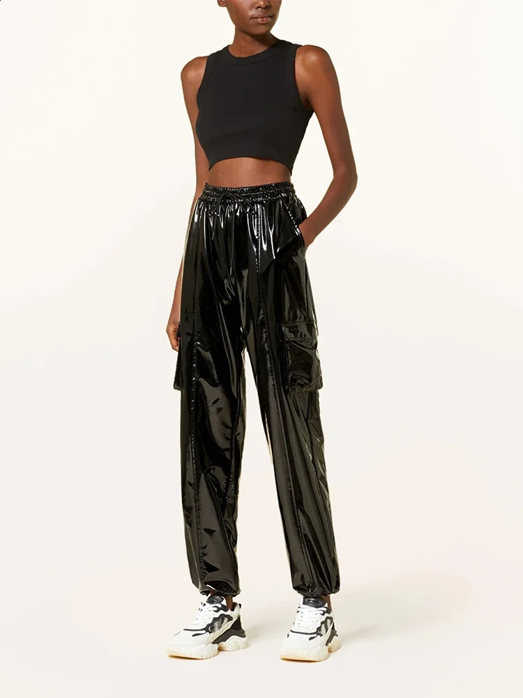 Casual High Waisted Synthetic Latex Cargo Pants For Women Shiny Patent Leather Brushed Elastic Waistband Bloomers PU Sports Customization
