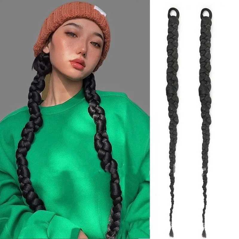 65cm synthetic wig womens long ponytail boxing twisted long braid mixed pink gray sweet cool girl hot girl hair W240817