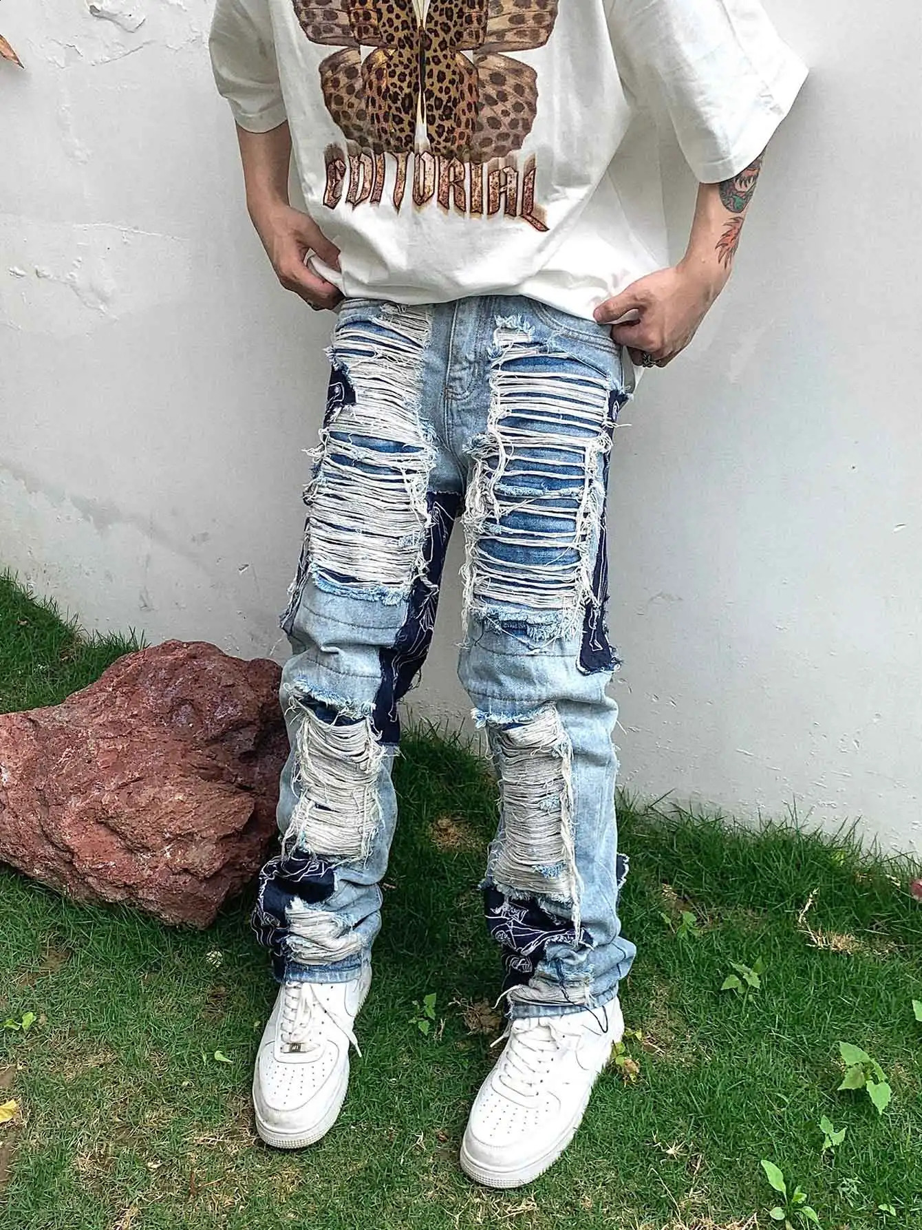 REDDACHiC Mens Trousers Grunge Y2k Ripped Baggy Jeans Christian Jesus Spliced Straight Denim Pants Hip-hop Big Size Streetwear 240819