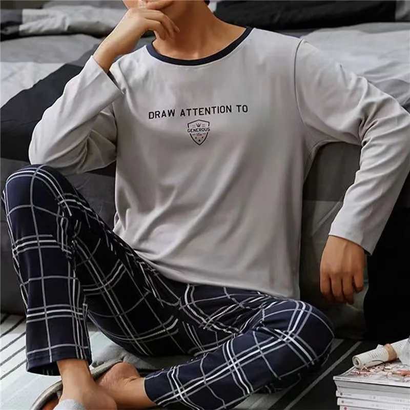 Mens plus size sleepwear set solid round neck knitted cotton sleepwear set mens 4xl sleepwear autumn casual mens sleepwearW240719