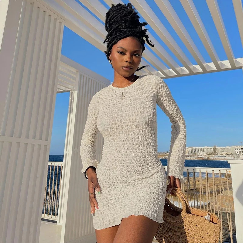 CUTENOVA Summer Autumn Backless Dress Bodycon Sexy Long Sleeve White Women Casual Dresses Beach Party Club 240819
