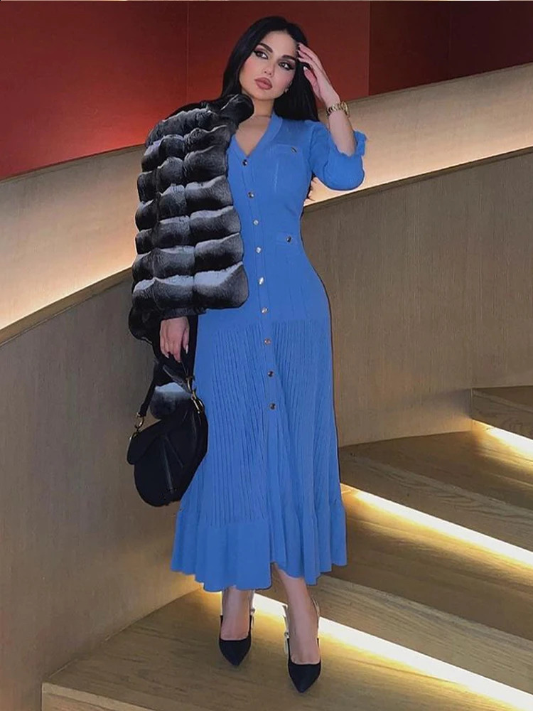 Elegant green patchwork ruffled womens knitted Maxi dress fashionable tight fitting Vneck sparkling sleeve shirt long robe vacation fashion vest 24081