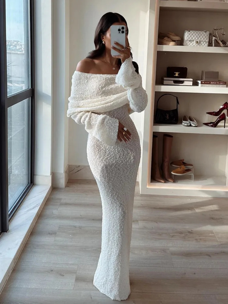 Knit Hollow Out Off-shoulder Maxi Dress Female Cover Up See-through Sleeve Holiday Beach Party Dress Women Knitwear Dress