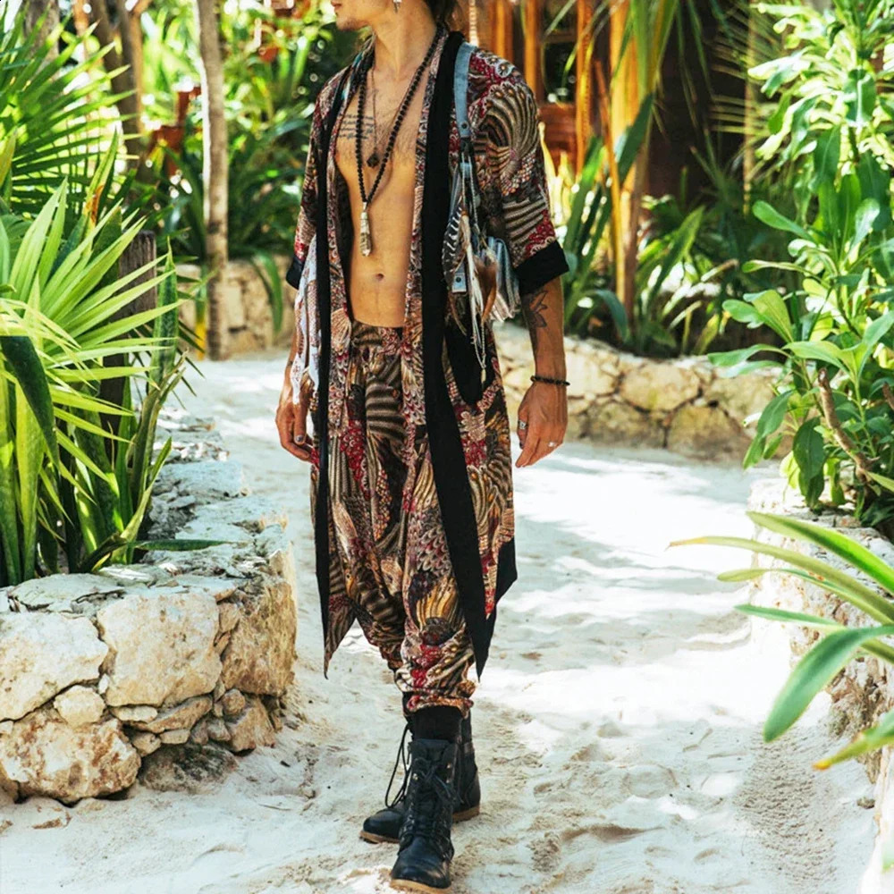 Mens Two-Piece Set 2024 Spring Summer Fashion Retro Casual Vacation Short-Sleeved Long Cardigan Leggings Printed Casual Suit 240819