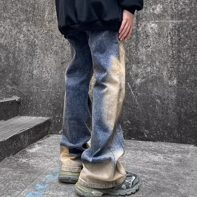 Ropa Y2K Streetwear Tie Dye Rock Baggy Flare Jeans Pants For Men Clothes Straight Old Denim Trousers Pantalones Hombre 240819
