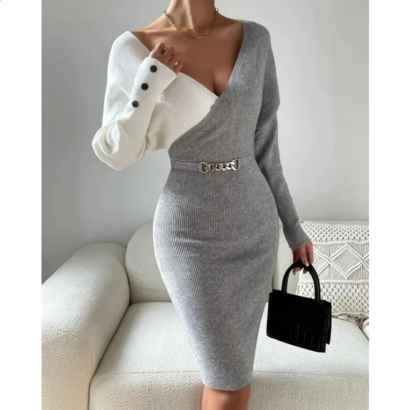 Sweater Dresses High Waist Button Decor Trend Sheath Sexy Dress Women Long Sleeve V-neck Mid-Length Long Sleeve Knit Midi Dress 240819