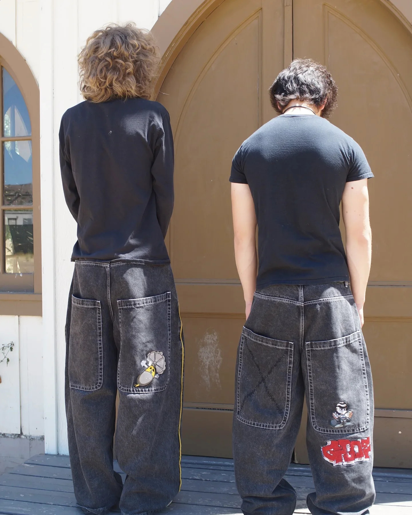 Retro American High Street Embroidered Jeans Black Baggy Patchwork Y2K Goth Men Denim Pants Fashion Hip Hop Wideleg Jean y240828