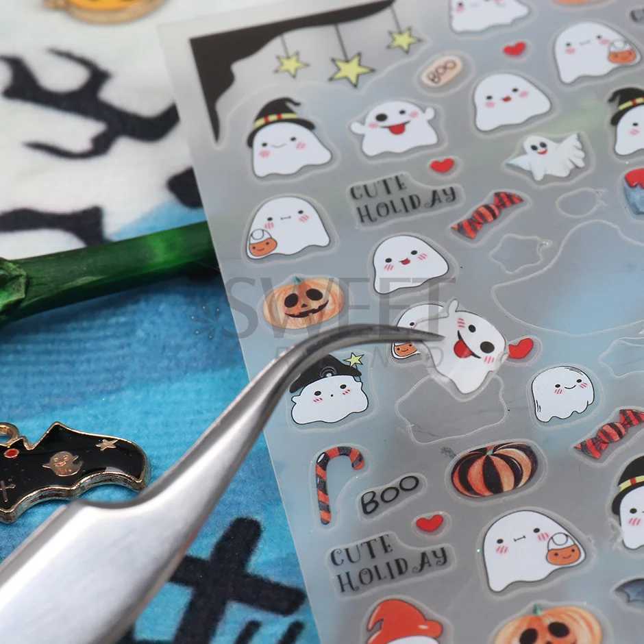 Halloween 3D Heart Web Nail Sticker Cute Holiday Cartoon Design Spider Pumpkin Ghost Sliders for Nails Manicure Decor SANO53XJ240815
