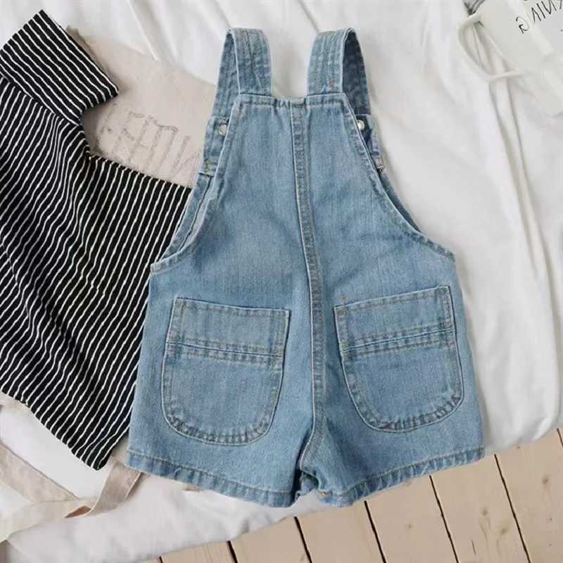 Childrens denim jumpsuit with belt suitable for washing denim jumpsuit for children summer girls clothing 3-8 years old W240806