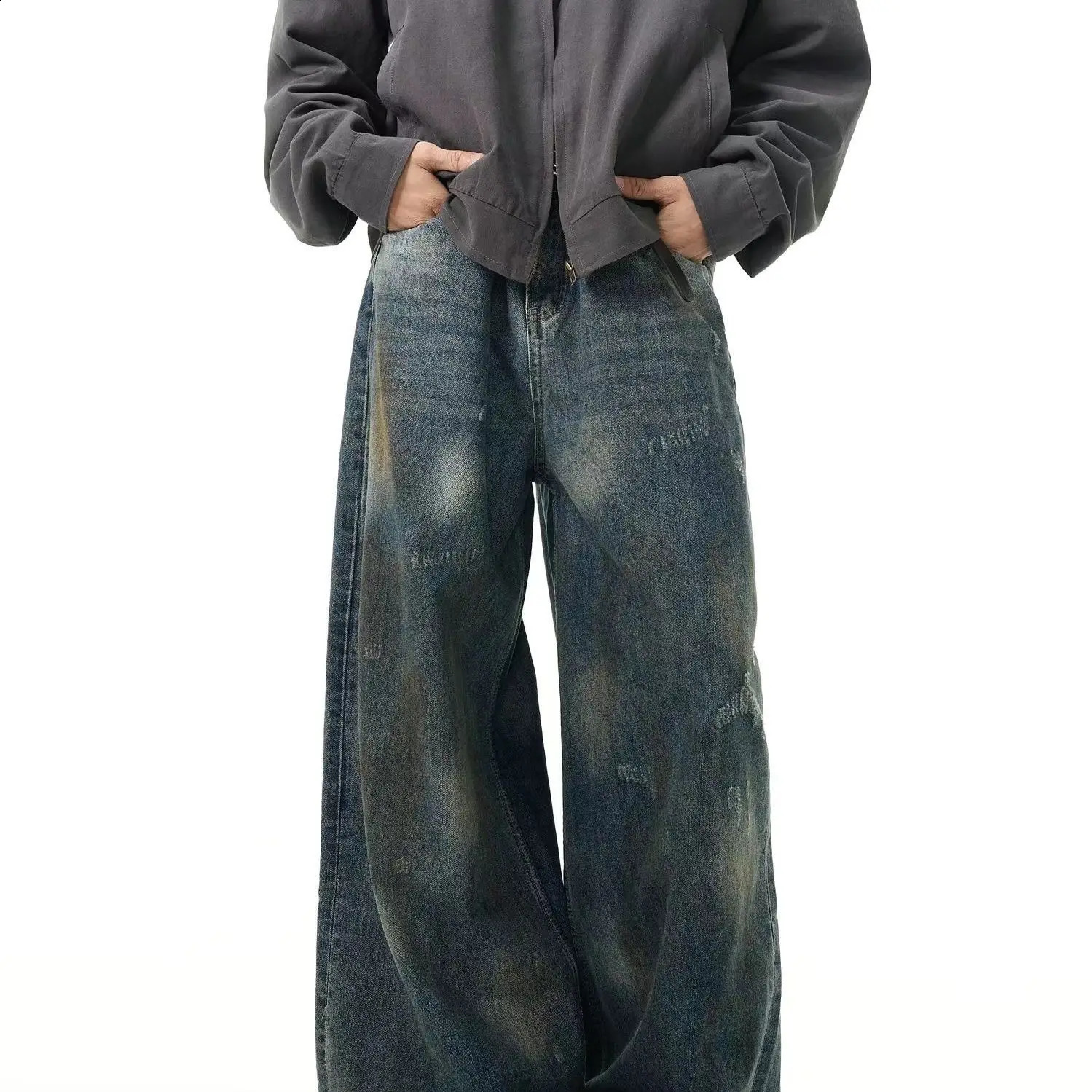 American retro tie dye washed straight leg men and women trendy jeans couple hip-hop street loose wide leg casual pants y2k 240819