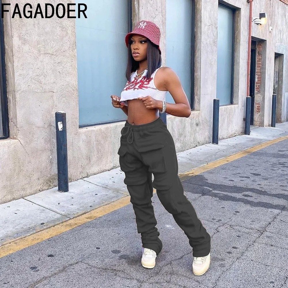 FAGADOER Autumn Cargo Pants Women Retro Y2k Streetwear Trousers Casual Baggy Straight Pants Wide Leg Pockets Joggers Sweatpants 240819