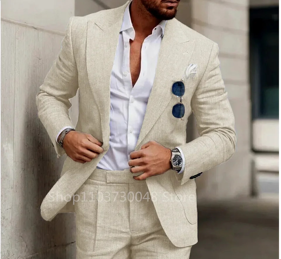 Elegant Beige Linen Men Suit Smart Casual Single Breasted Slim Fit Blazer with Pants High Quality 2 Piece Costume Homme 240819