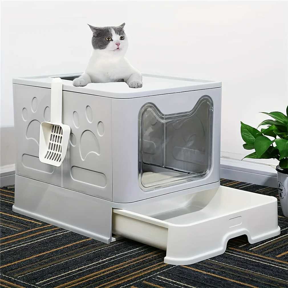 XXL Enclosed Cat Litter Box 2024 Self Cleaning Foldable Deodorized Plastic with Tray Scoop