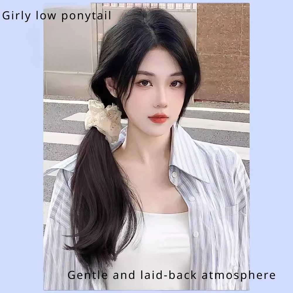 Womens lace ponytail imitation hair side tie high and low ponytail new lace side hair tie style pear roll W240817