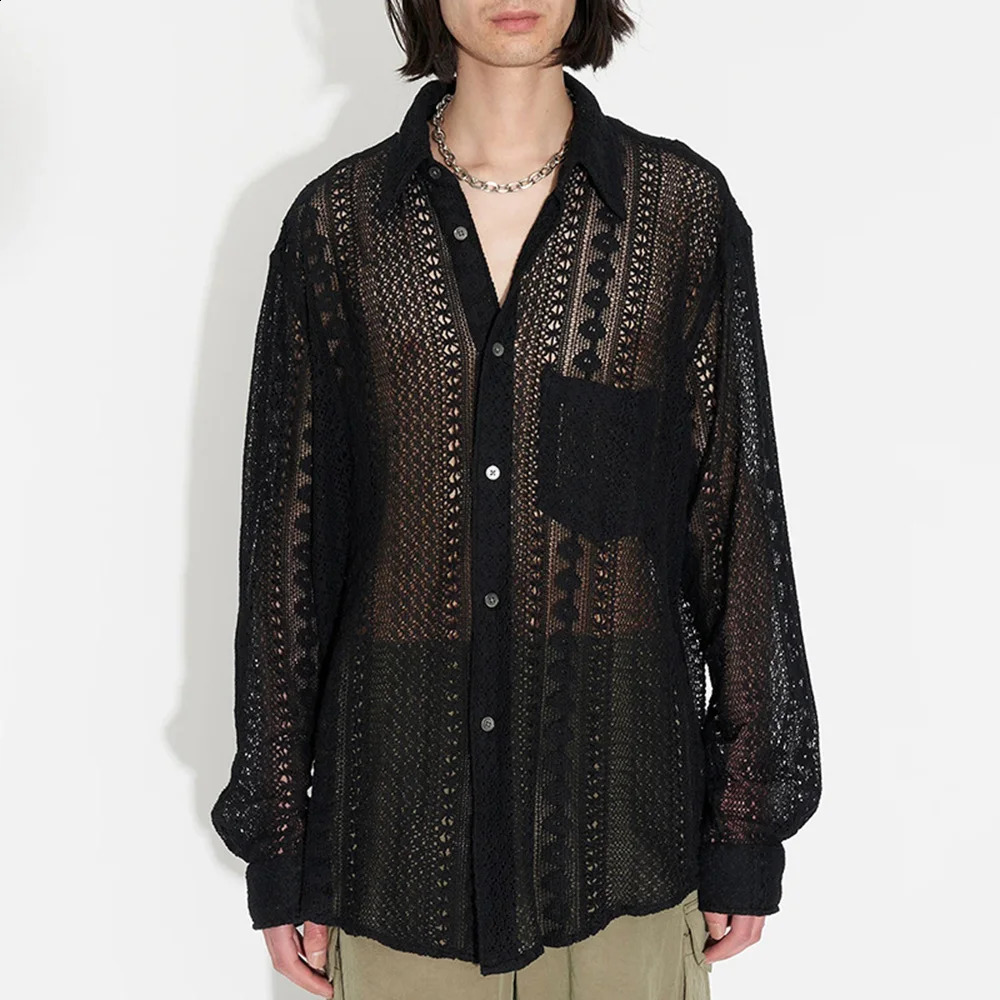 Mens shirt casual hollow mesh see through top fashionable and personalized niche jacket breathable mens summer style 240820