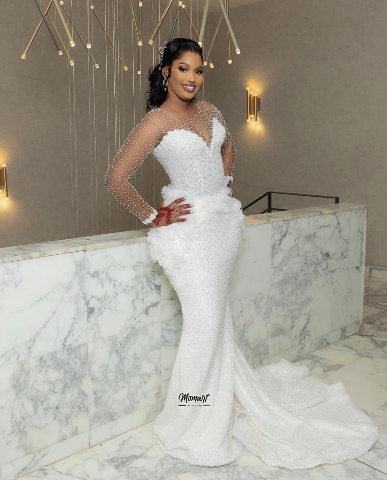 African Aso Ebi 2024 Ivory Mermaid Wedding Dress Sequined Flowers Full Sleeves Beaded Vintage Elegant Bridal Gowns Dresses ZJ208