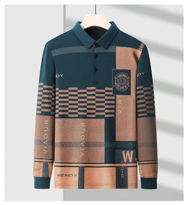 Autumn and Winter T Shirts for Men Long Sleeve Letter Printing Button Striped Polo Tees Turn-down Collar Pullover Tops 240820