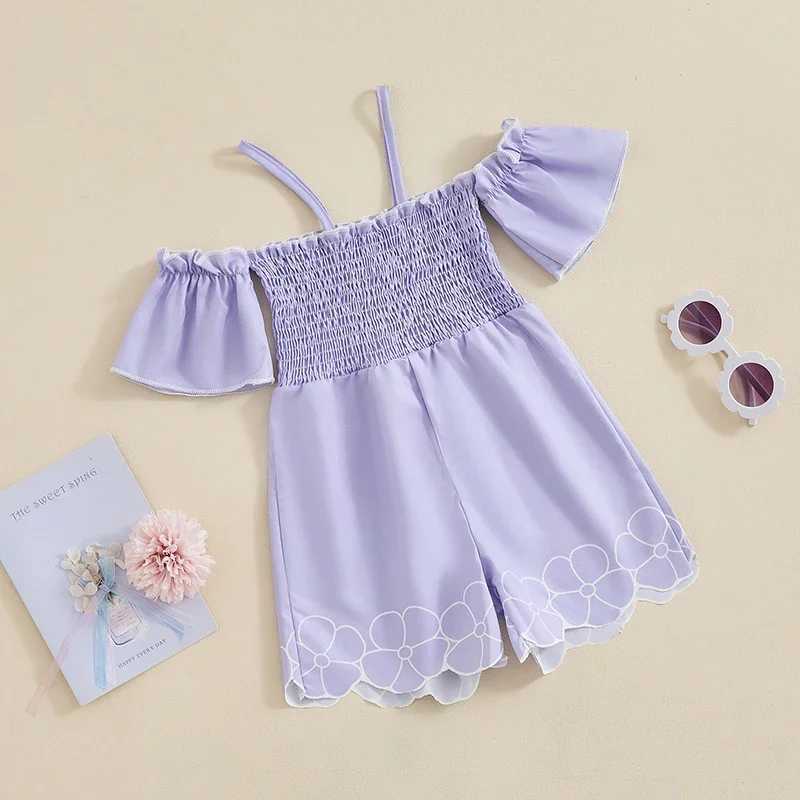 Preschool girl jumpsuit short sleeved spaghetti shoulder strap pleated printed jumpsuit summer clothing W240806