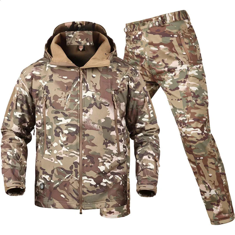 RU Camo Tactical Sets Men Winter Shark Skin Soft Shell JacketsArmy Multi-pocket Cargo Pants 2 Pcs Suits Waterproof Fleece Set 240819