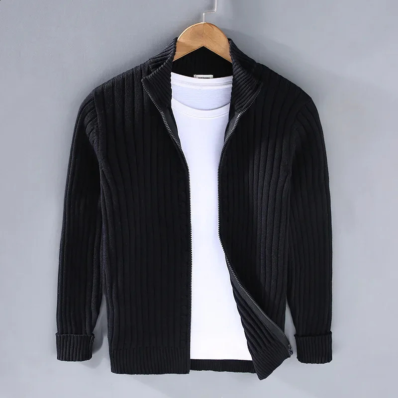 Autumn and winter mens cardigan sweater stand up collar zipper cotton 100% thick knit solid color streetwear 240819