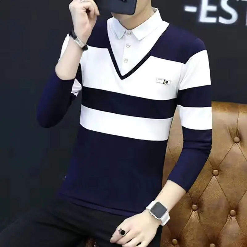 Spring Autumn Mens Solid Turn-down Collar Printing Striped Button Long Sleeve T-shirt Undershirt Fashion Casual Formal Tops 240820