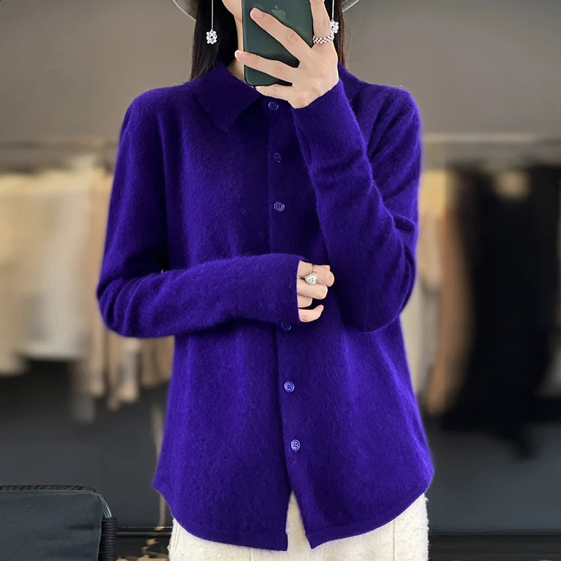 Womens mink cashmere cardigan long sleeved top polo neck loose jacket fashionable knitted white XXL spring and summer 240819