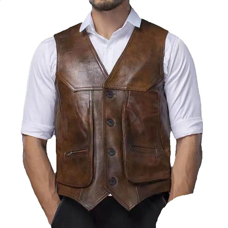 Large leather motorcycle vest suitable for men genuine denim leather waist jacket bicycle vest size L-8XL sleeveless jacket 240819