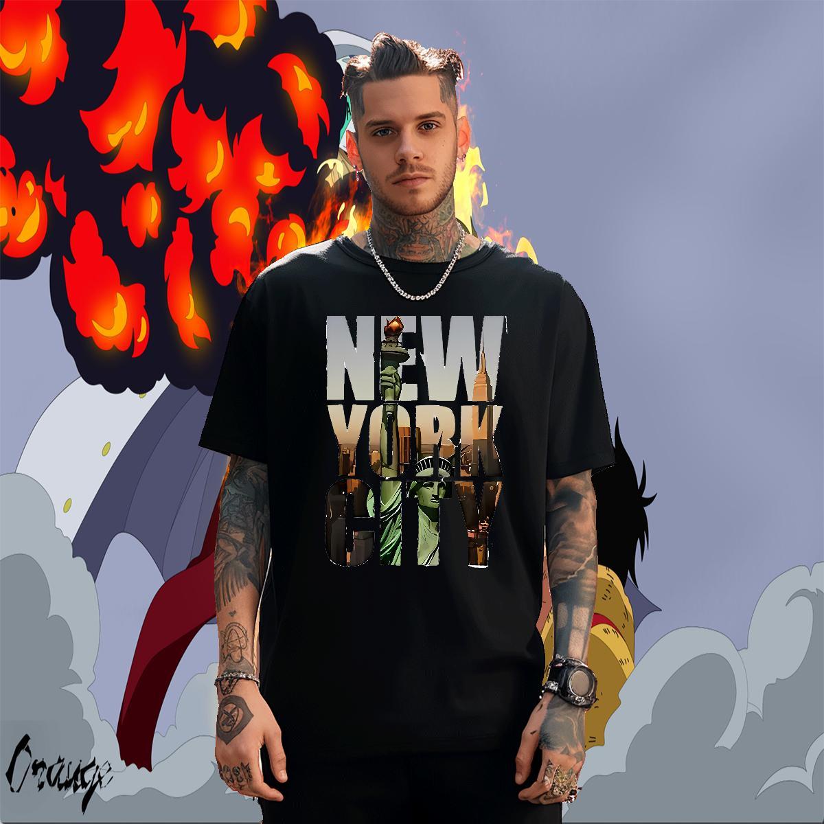 Loose Men Tshirts Anime Printing Street 230g Cotton Black Oversized Breathable Short Sleeve New York T shirt 2024 Tops Tees