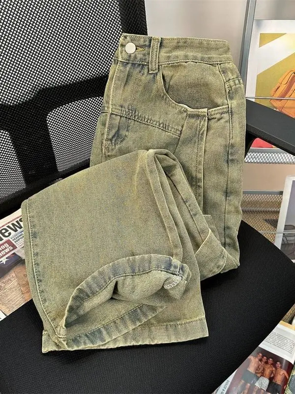 Spring Men and Women Strt Personzed Washed Straight leg Jeans Couple Loose Wide Leg Floor Raging Casual Pants Z260313