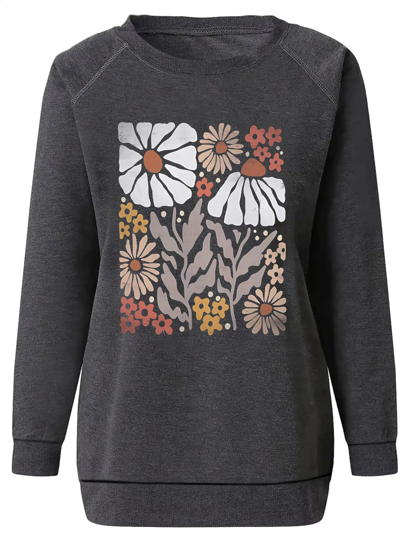 Bohemian floral print sweater collarless casual autumn and winter womens shoulder hoodie 240819