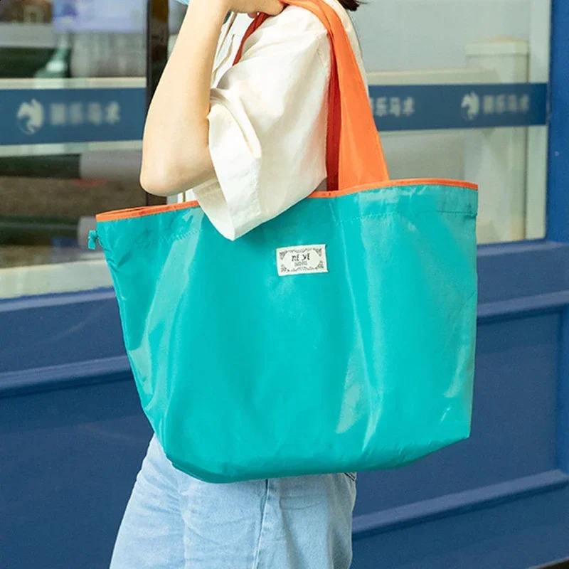 Womens Reusable Grocery Bag Large Capacity Foldable Shopping with Drawstring Clre EcoFriendly Shoulder Bags 240819