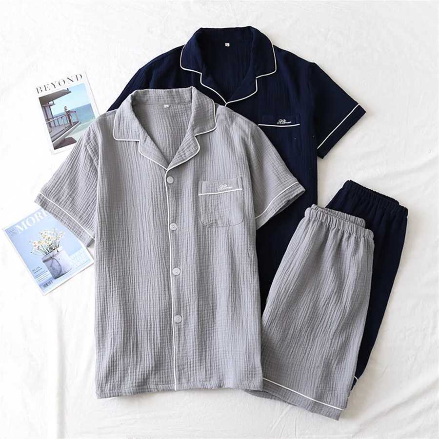 2024 New Summer Mens Pajama Set Cotton Crepe Gauze Solid Color Simple Short Sleeve Shirt Pajama Mens Casual WearW240719