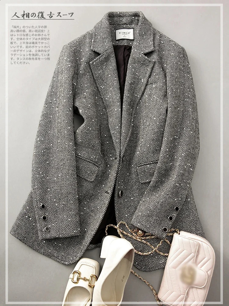VIMLY sequined wool blend jacket womens spring warm retro elegant casual business customized 240819
