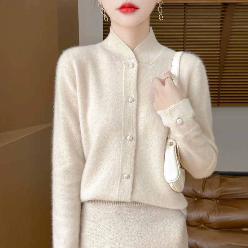 China collar 100% Merino wool cardigan sweater autumn and winter retro solid color jacket loose knit top 240819