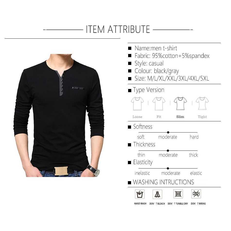 TFETTERS Autumn Casual T Shirt Men Henry Collar Solid Color Slim Fit Long Sleeve T Shirt Cotton Plus Sizes M-5XL Tops teesXJ240819