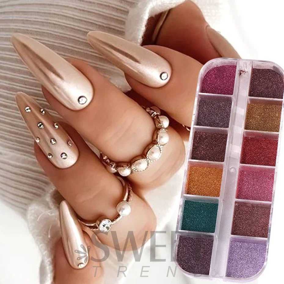 12 Grids Colorful Metallic Nail Mirror Powder Glitter Winter Brown UV Gel Polish Chrome Dust Metallic Effect Pigment DecorationsXJ240815