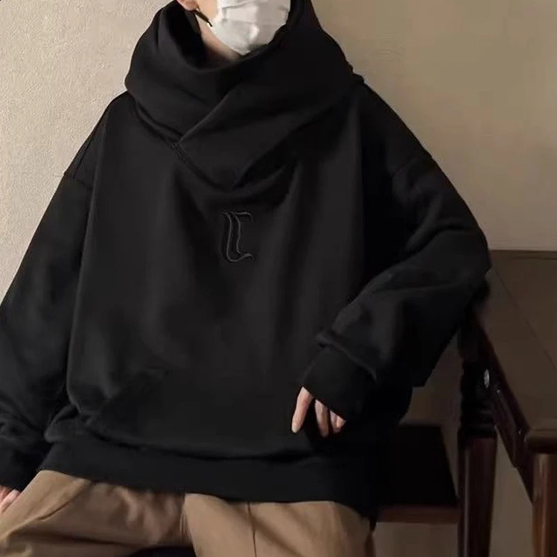Autumn High Collar Hoodie Pullover Loose Men Coat Tops Harajuku Hip Hop Gothic Outwear Streetwear Y2k Fleece Hooded Sweatshirt 240819