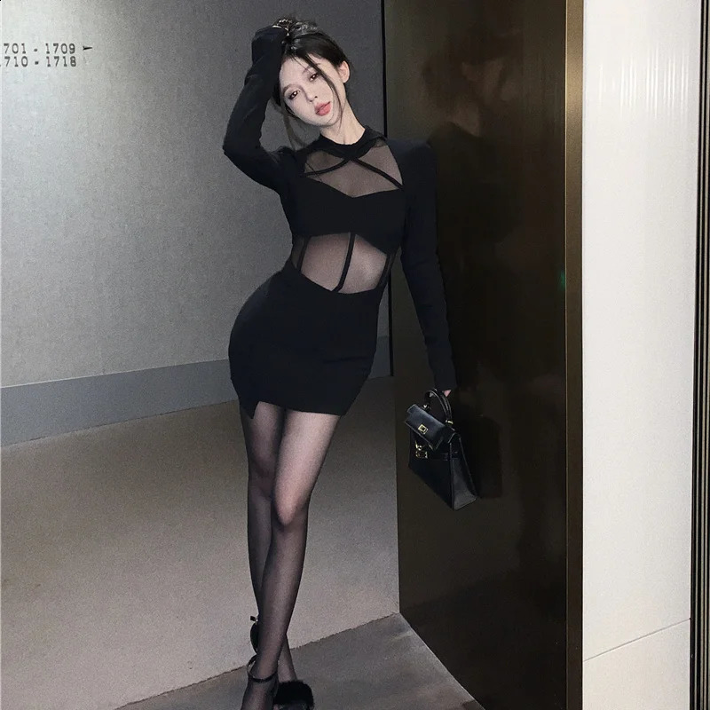 Long Sleeve Dresses Women Halter Elegant Black Sexy Slit Fashion Skinny Spring sweet Sheer European Style Ankle-length Party 240819