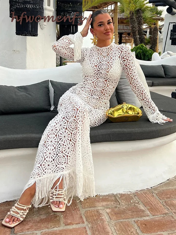 Elegant Knitted Tassel Hollow Out Maxi Dress Women White O-neck Long Sleeve Sundress Summer Lady Holiday Party Beach Robes 240819