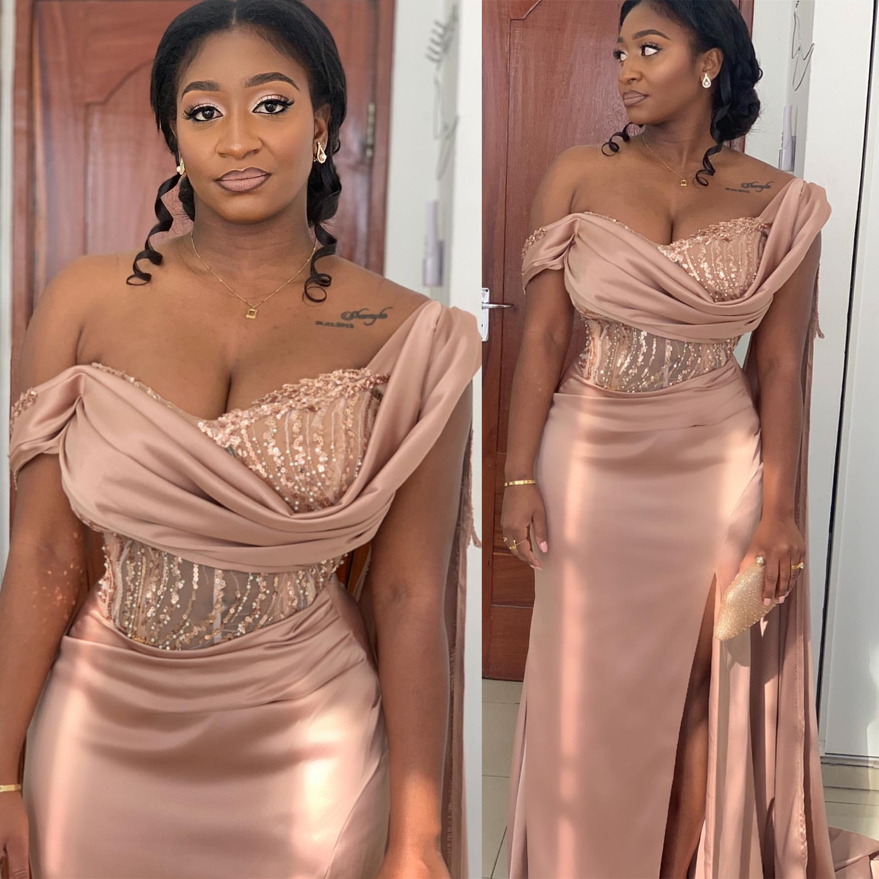 2024 Elegant Blush Pink Mermaid Evening Dresses Satin Promdress Lace One Shoulder Prom Formal Party Bridesmaid Birthday Gowns Dress For Special Occasi