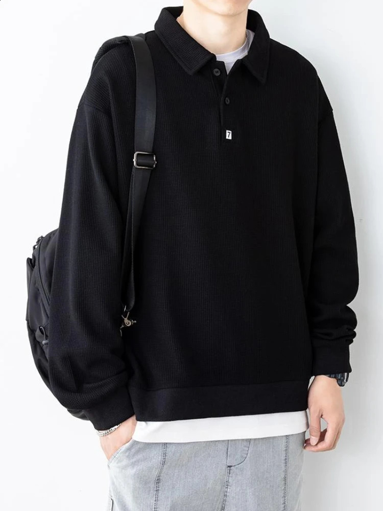 Mens Clothing Baggy Black Top Polo T Shirt for Man Unicolor Sweatshirts Plain 90s Vintage Harajuku Fashion Long Sleeve Full It 240819