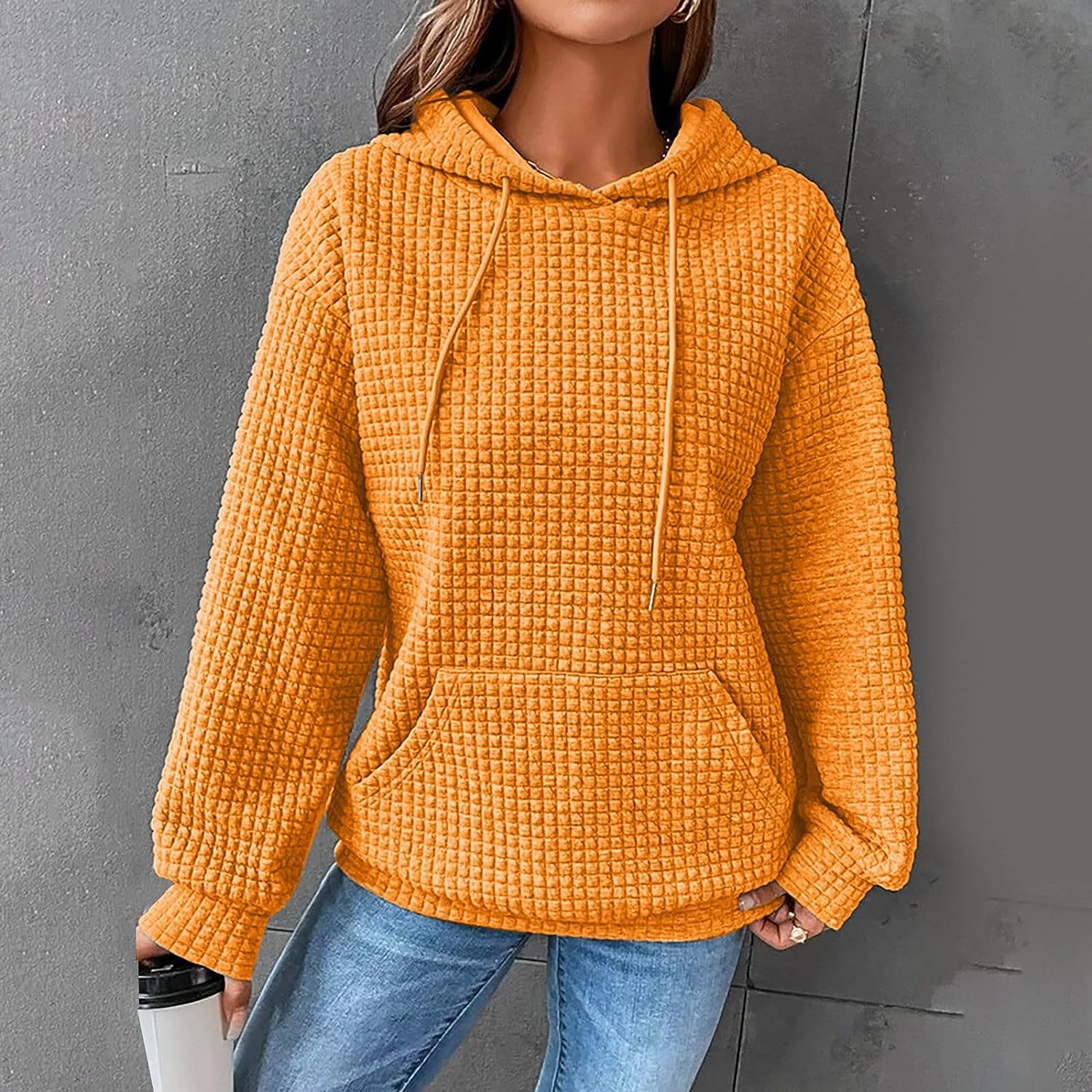 Women's Solid Color Waffle Hoodie with Long Sleeves and Drawstrings - Warm Pullover Top